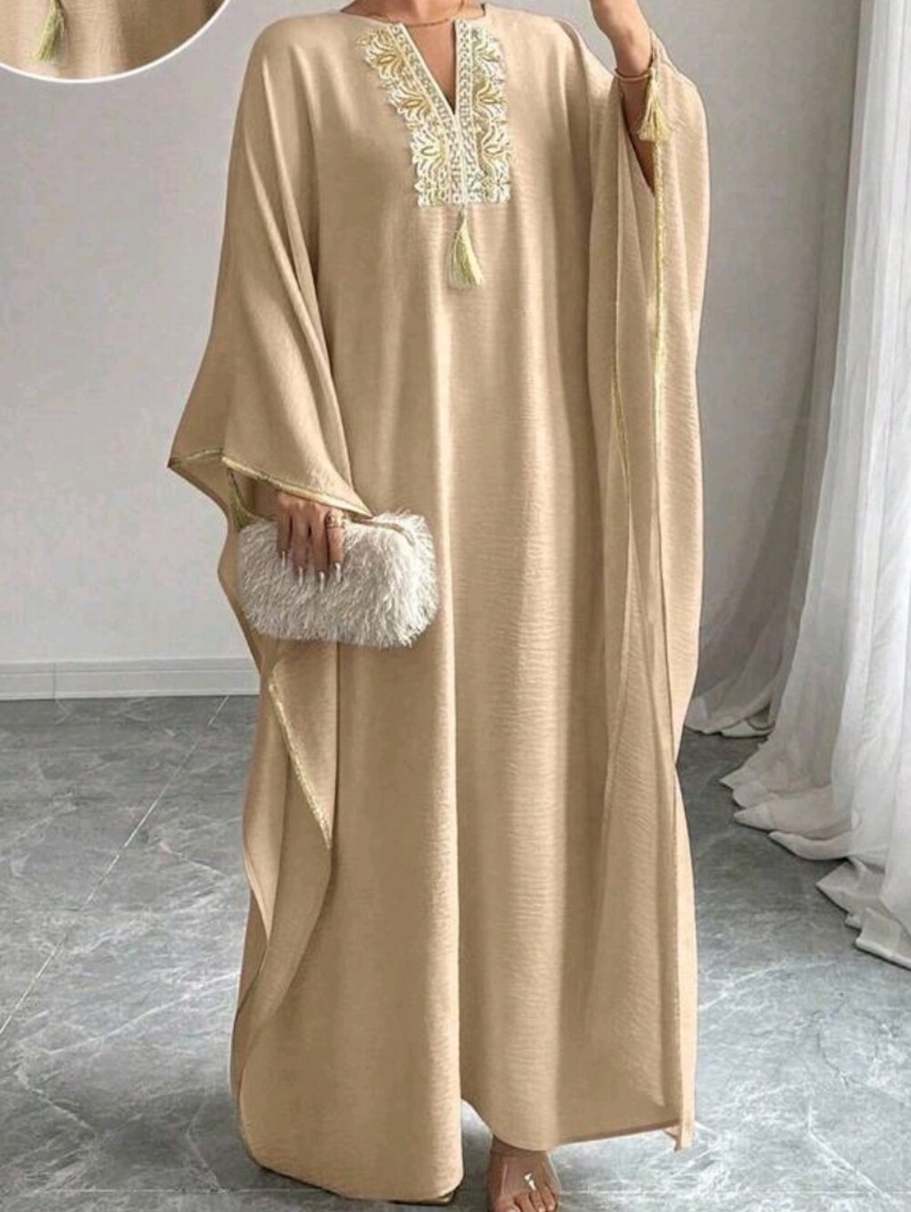 Beige Embroidered Kaftan Maxi Dress - Elegant Women’s Evening Wear
